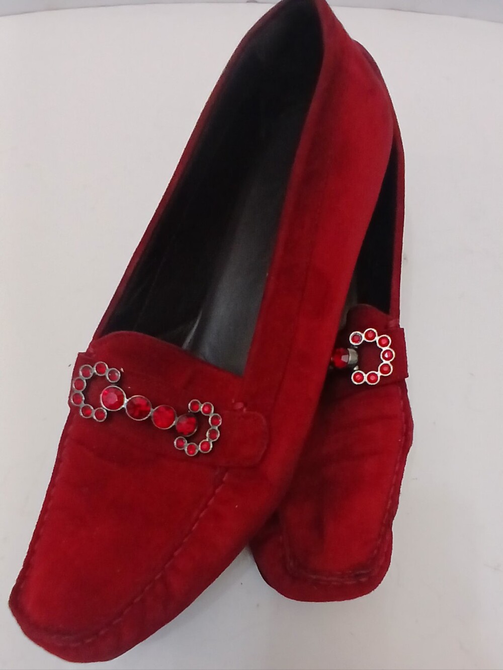 Stuart Weitzman Red Suede Women's Loafers with Gem Accent Jeweled Crystals Accen